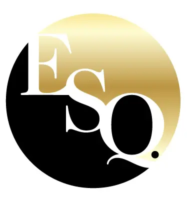 A black and gold logo of the esq.